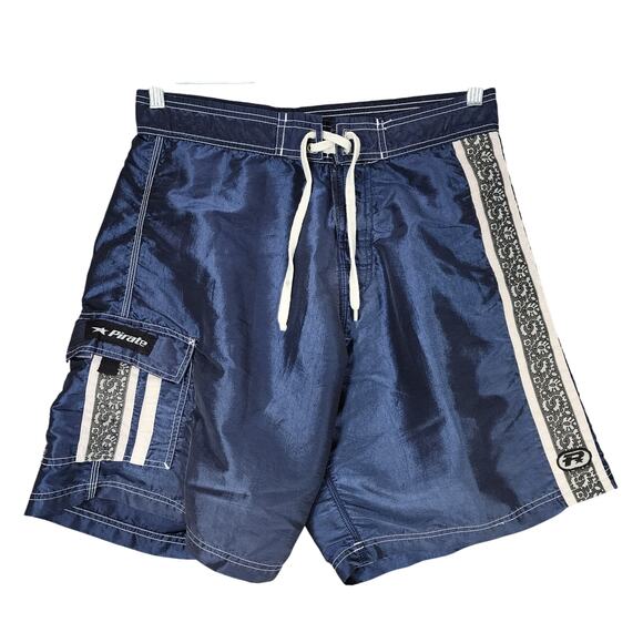 Vtg Pirate Board Shorts sz 34 Men Satin Navy Blue Nylon 90s Y2K Swim Trunks 9" - Picture 1 of 11
